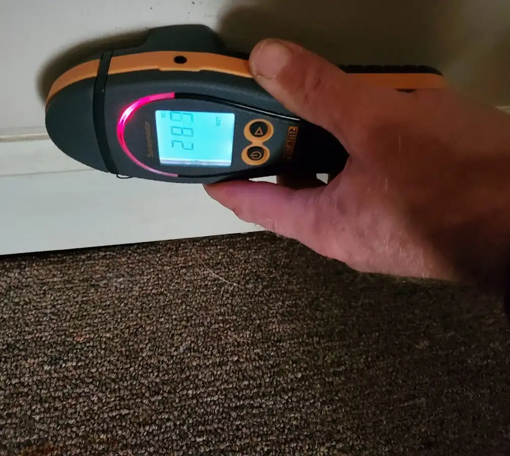 Moisture detection at baseboard during Storm Damage Restoration in Seymour